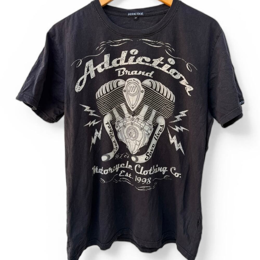 Addiction Brand Motorcycle Graphic T Shirt Mens Large Black Biker Double Sided